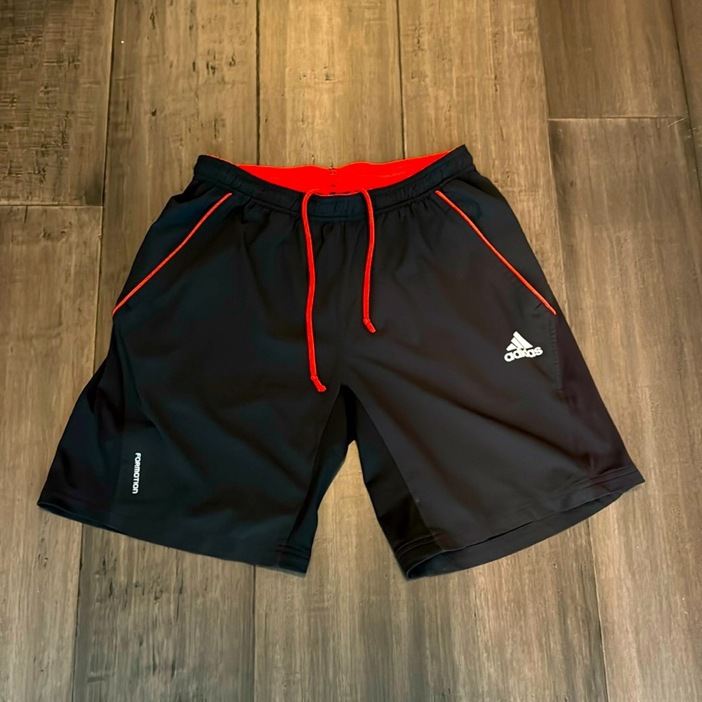 Adidas Dark Gray/Orange Shorts (Medium) & Black/White Sleeveless Shirt (Large)